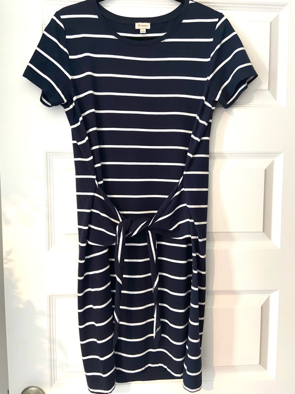 Daniel Cremieux | Navy Blue & White Striped Front Tie T-Shirt Dress Cotton 100%